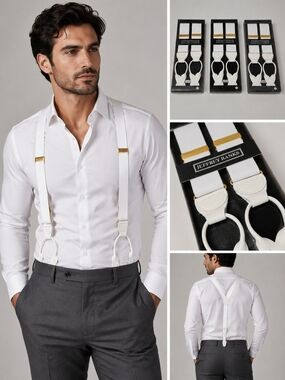 Jeffrey Banks White Leather Button-On Suspenders for Men MADE IN CANADA